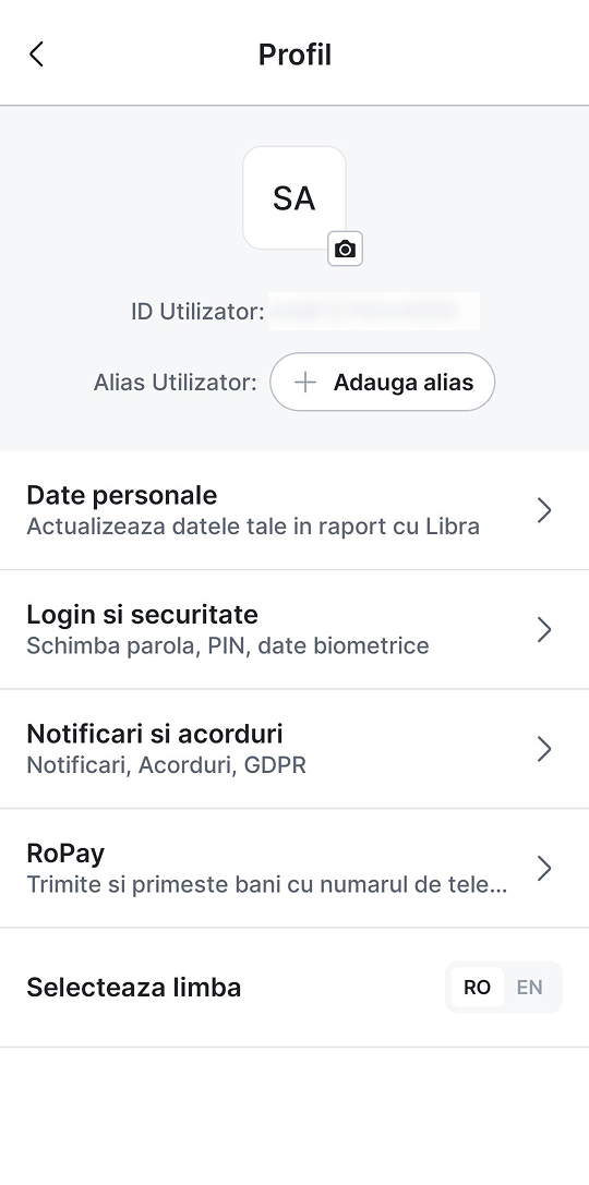 Meniu mobile banking