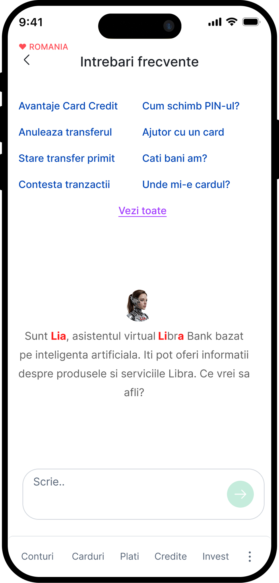 Lia, asistentul virtual Libra Bank, în aplicația de mobile banking