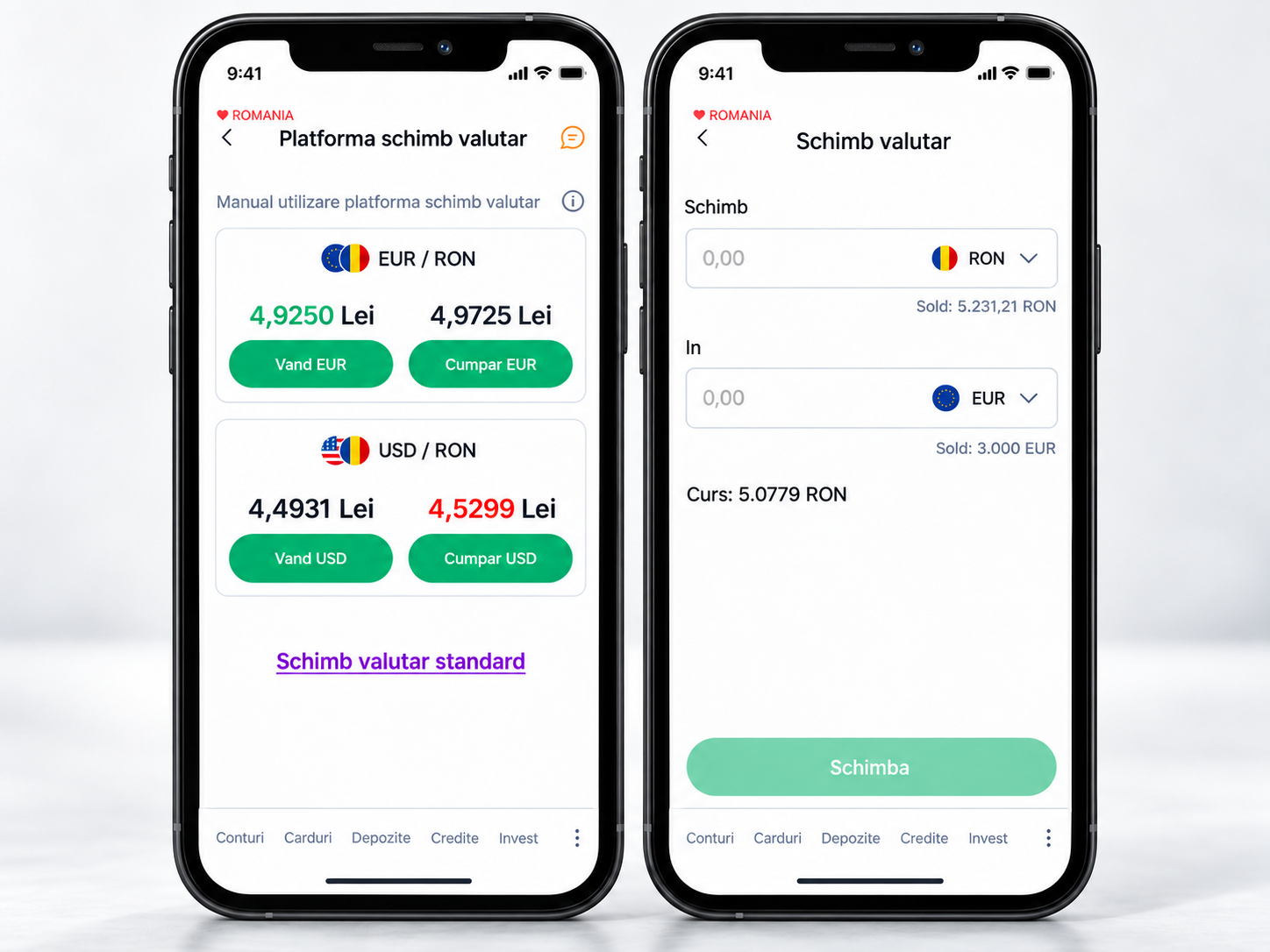 Două ecrane din aplicația Libra Bank pentru schimb valutar